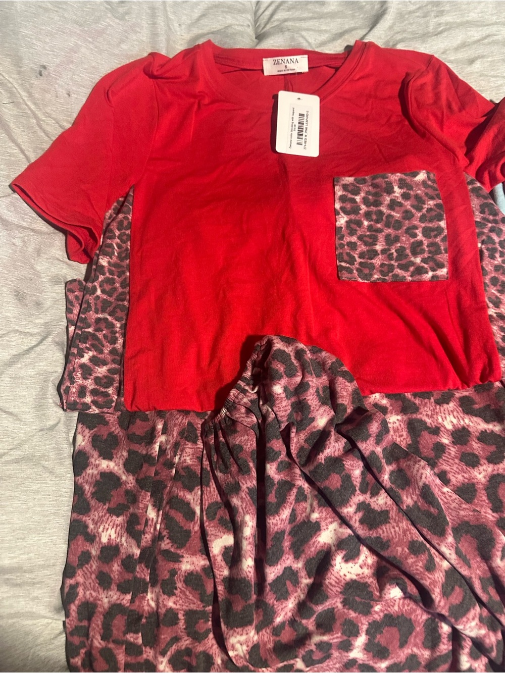 Zenana Outfitters Red Top with Pink Leopard Pocket and Matching Leopard Pants
